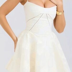 House of CB White Knee-Length Ruched Bustier Fit and Flare Dress